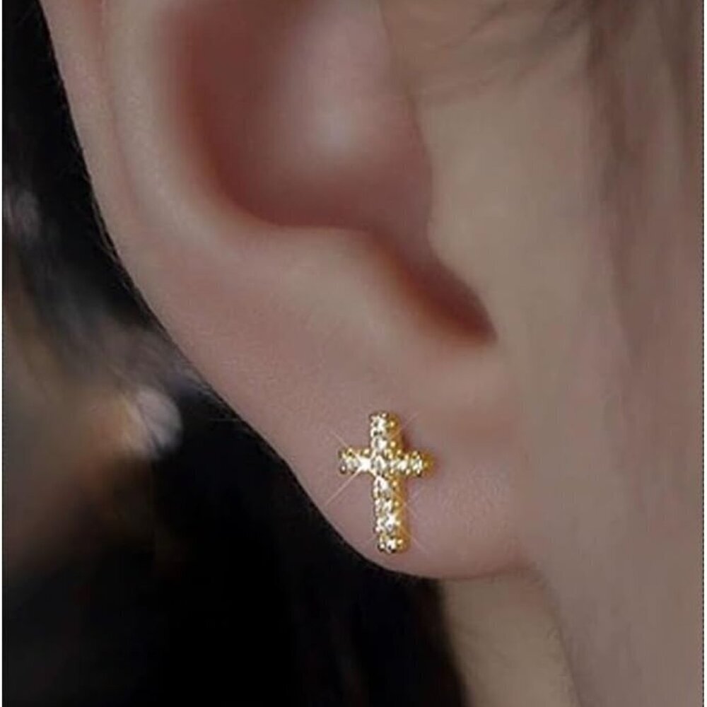 Mini Cross Earrings 14K Gold Plated Hypoallergenic Cubic Zirconia for Women